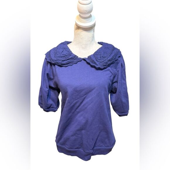 Anthropologie Maeve Short-Sleeve Embellished-Collar Top Size S Blue Peter Pan - Picture 2 of 5